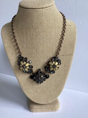 J. Crew Floral Crystal Statement Bib Necklace Black Gold Tone Maximalist